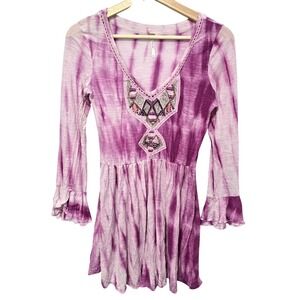Free People Sun Up Pink Beaded Tie Dye Ombre Mini Dress Tunic Size XS Beaded